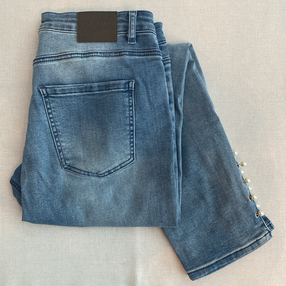 bebe • High Waist Skinny Pearl Detail Ankle Jean - Medium Blue Wash - Picture 13 of 13